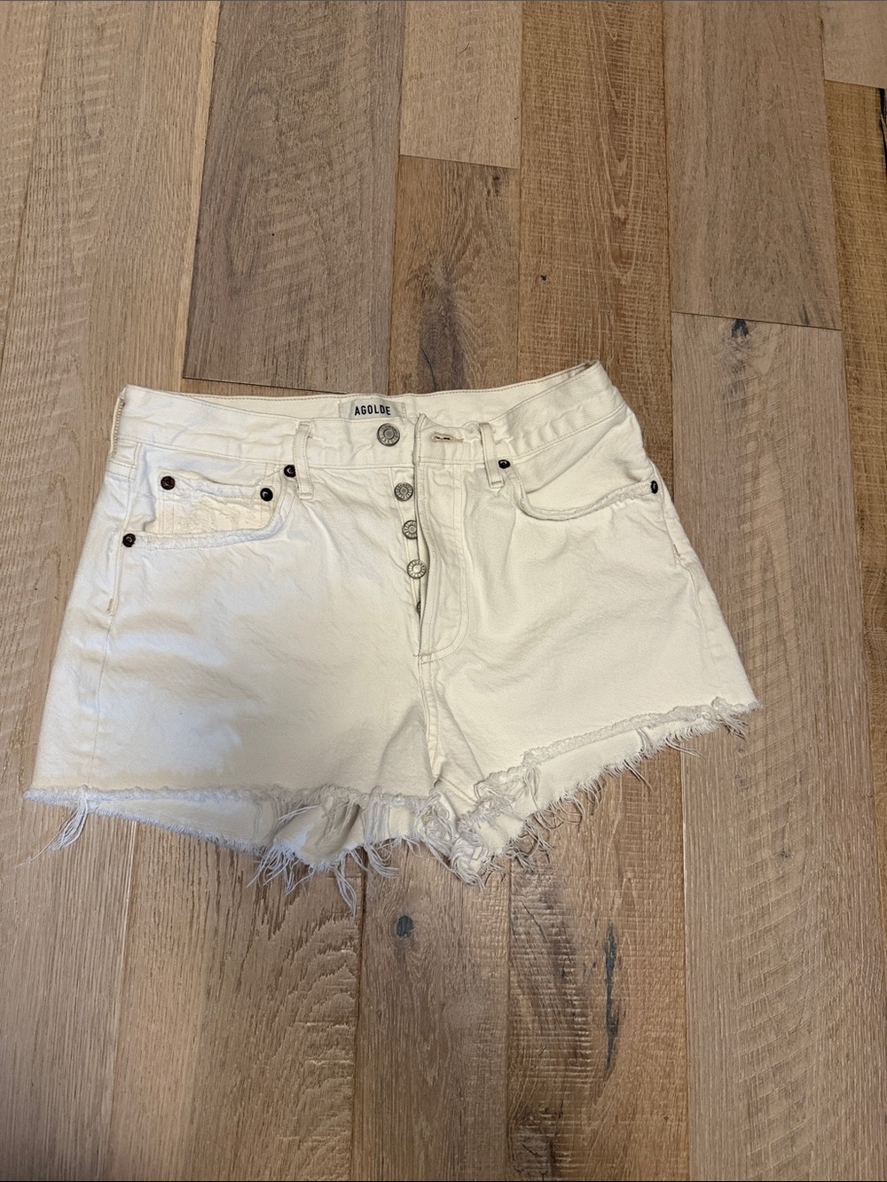 Agolde Cream High-Rise Raw Hem Denim Shorts